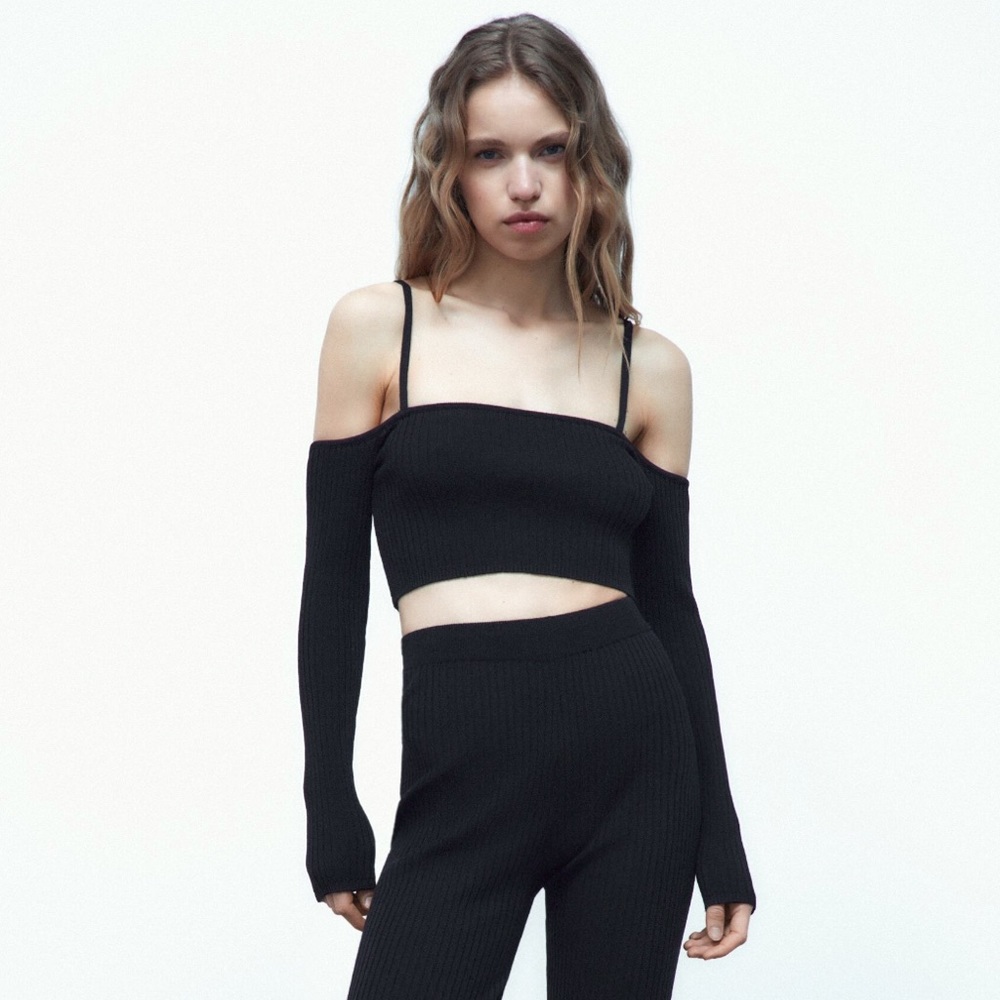 ZARA new black ribbed long sleeve crop top sz L